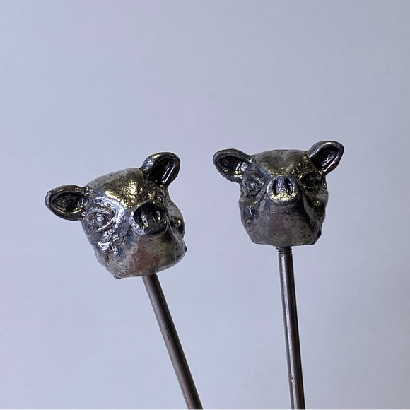 3 Vintage Metzke Pewter 1980 Pig Head Long Horn Steer Cattle 12.5" Long Skewers - Picture 2 of 10